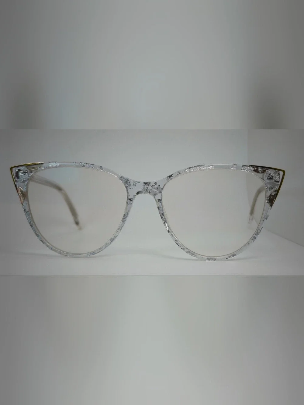 Celebrate. Clear Silver-Accent Cat Eye Womens Glasses. Rose Gold Corners.